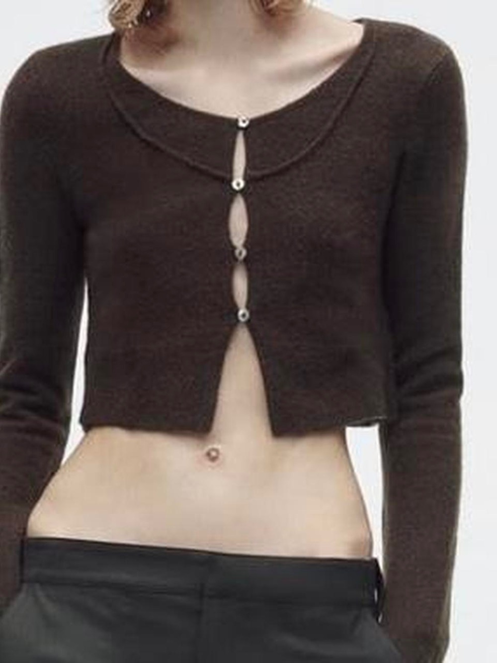 Zara Cropped Button-Front Layered Wool Blend Cardigan Sweater Brown Small